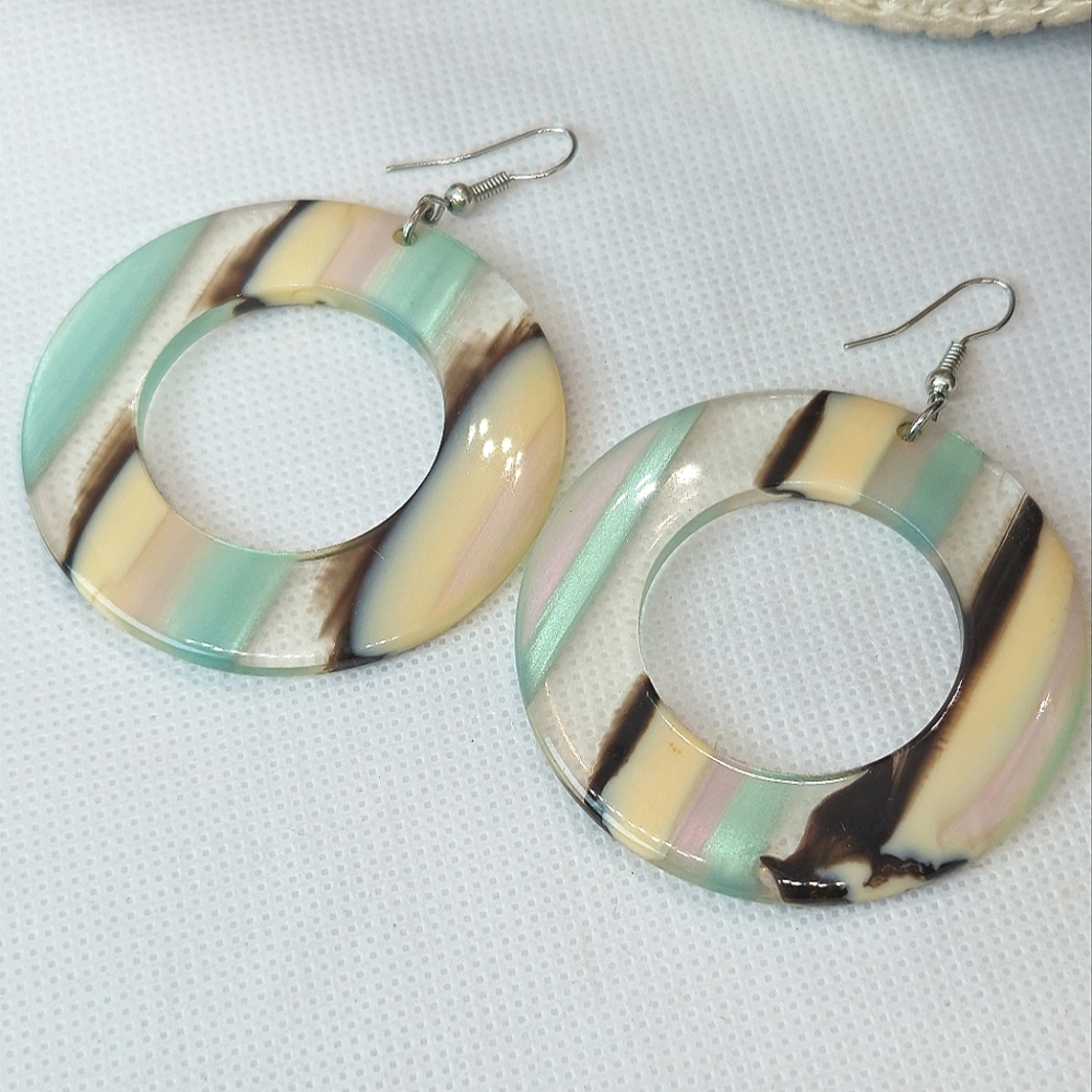 Retro Pink Yellow & Green Shimmer Acrylic Hoop Dangle Earrings